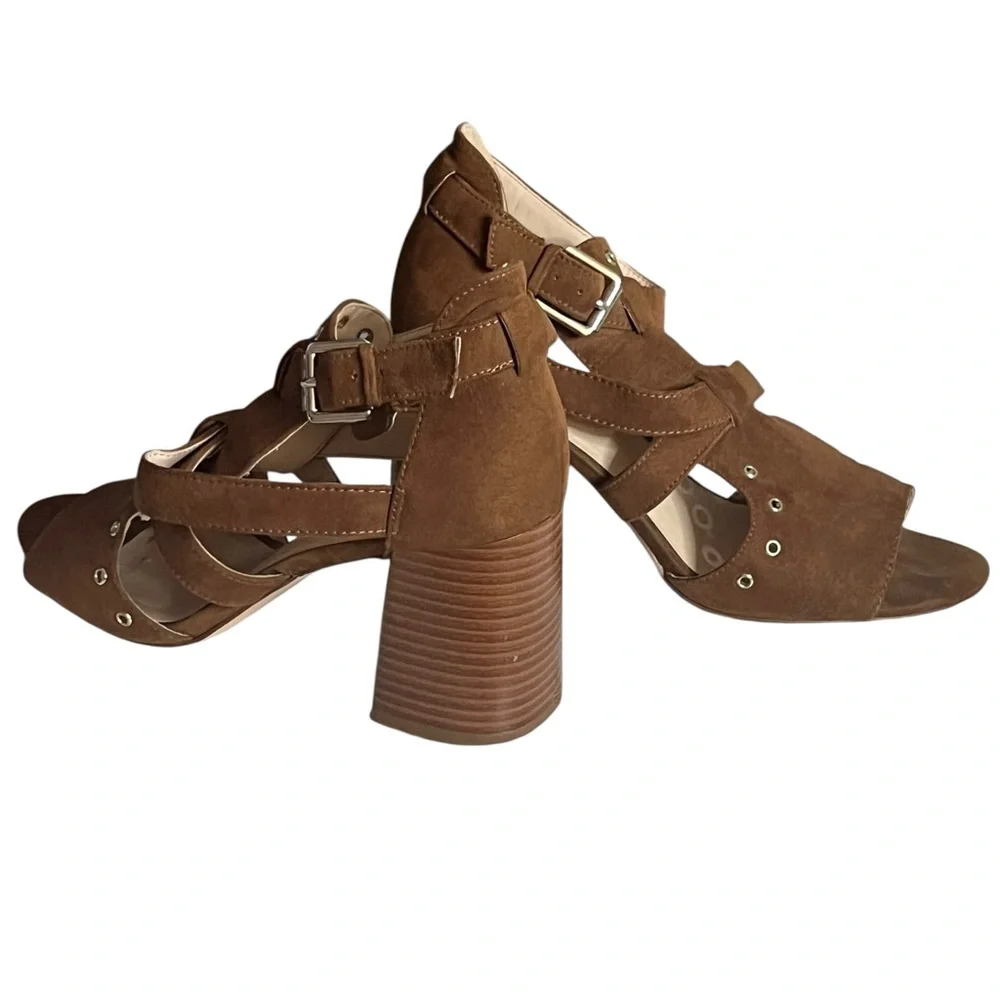 Nine West Brown Peep Toe Heels Strappy Block Heel Sandals Size 9.5